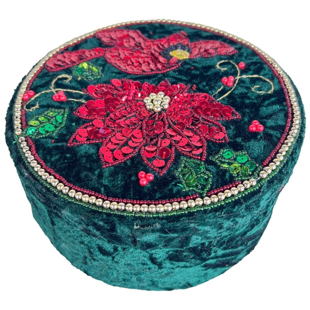 Velvet Gift Box Green Red Sequin Cardinal Poinsettia Round Christmas Red Trinket